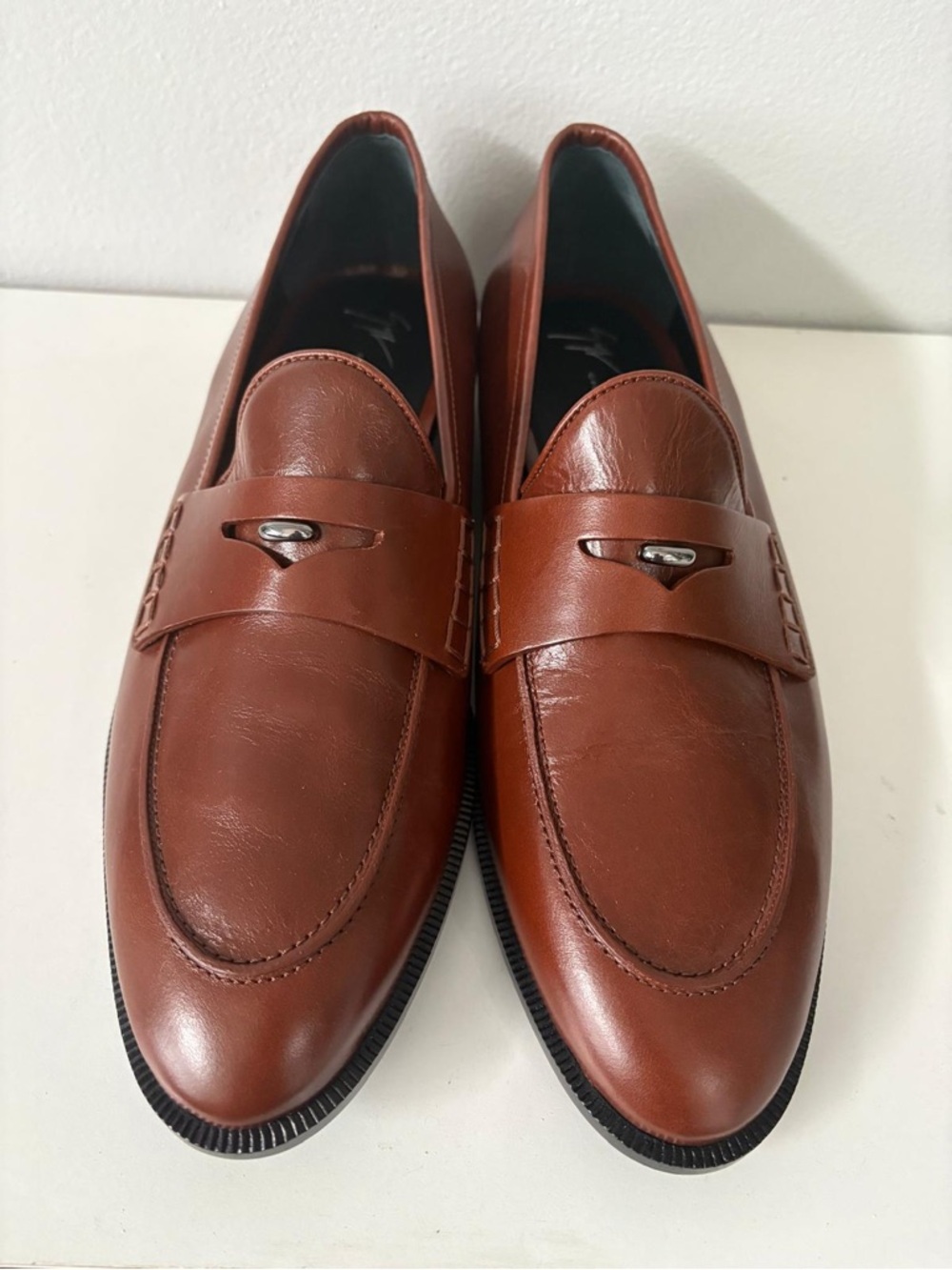 Giuseppe Zanotti Cognac Brown Leather Penny Loafers with Silver Bit